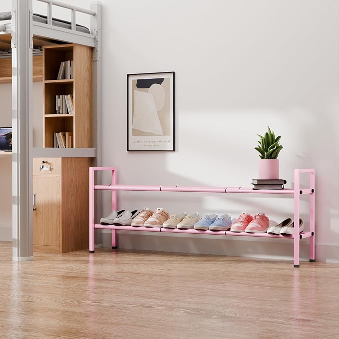 Bumusty 2-Tier Long Expandable Shoe Rack for Closet, 18"-44" Adjustable Shoe Rack for Entryway, 10-12 Pairs Large Shoe Organizer Shelf Storage, Sturdy Metal, Pink - Image 7