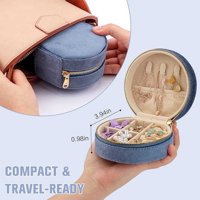 DesignSter Travel Jewelry Box - Velvet Mini Jewelry Organizer, Small Jewelry Case for Girls Women, Jewelry Storage Box for Rings Earrings Necklace (Circular, Blue Fog) - Image 2