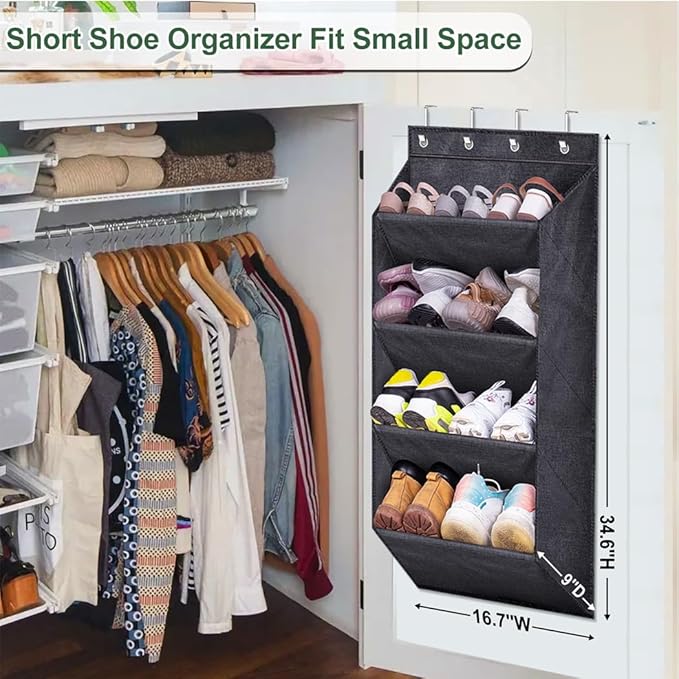 SLEEPING LAMB Over the Door Shoe Rack for Closet, Short Hanging Shoe Organizer with Large Deep Pockets, Narrow Door Sneaker Storage for Boots in RV, Dorm, Black - Image 2