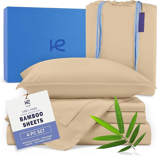 Kickoff Viscose Bamboo Sheets Short Queen Size 4-pc 100% Organic Bamboo Viscose Bed Cooling Sheets Short Queen Size Set Cool Bedding for hot Sleepers Sheet, Flat, Fitted, Pillowcases (Beige, SQ)