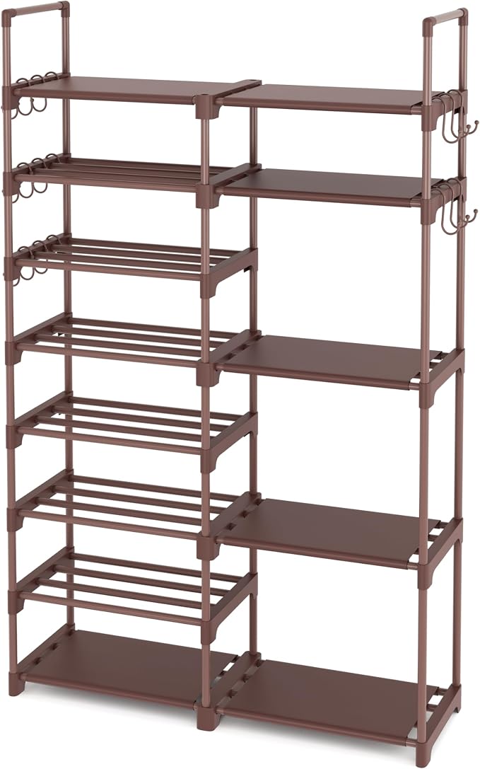 ROJASOP Shoe Rack Organizer, 8-Tier Metal Shoe Rack for Closet Entryway Garage, 26-32 Pairs Tall Shoe Boot Storage Shelf with 15 Hooks, Stackable Large Shoe Stand, Brown by ROJASOP