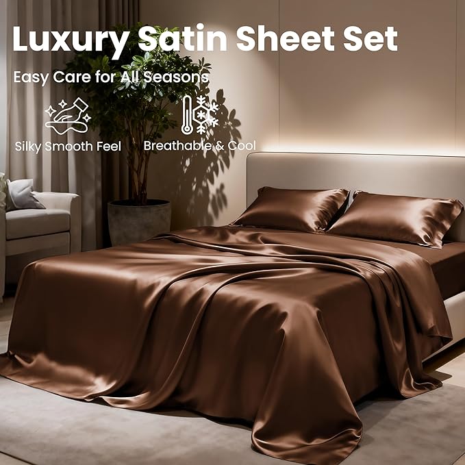 Love's cabin Satin Queen Sheets Set - 4 Piece Brown Silky Bed Sheets with Deep Pocket, Luxury Silk Feel Satin Queen Size Sheet Set (1 Flat Sheet,1 Fitted Sheet,2 Pillow Cases)