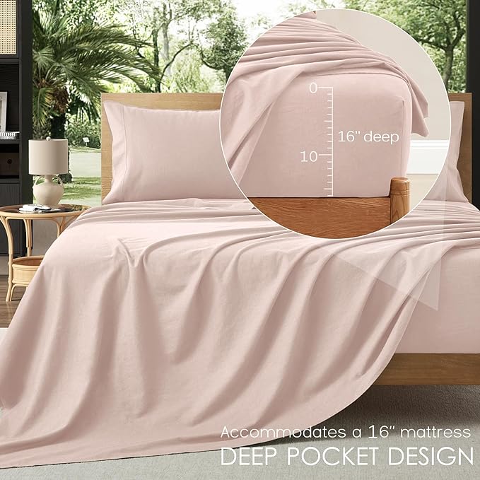 4Pcs Linen Sheets Queen Size, 100% French Linen from Normandy, Breathable Pink Queen Sheet Set with 16 Inch Deep Pocket, 1 Flat Sheet, 1 Fitted Sheet, 2 Pillowcases