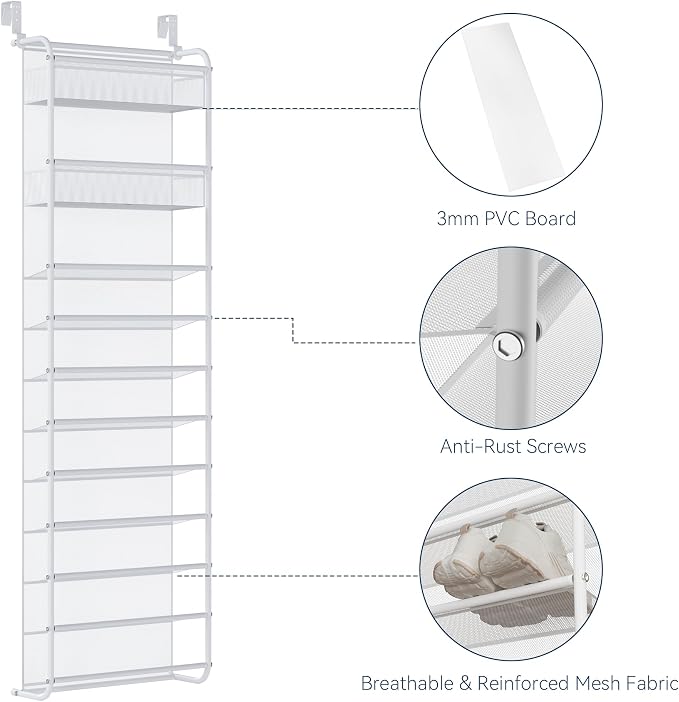 Whitmor 27 Pair Over The Door Shoe Organizer, 11 Tier Hanging Shoe Organizer, Heavy Duty Metal & Mesh Shoe Holder, Hanging Shoe Rack for Closet Organizer & Storage,74.8"L x 21.7"W x 7.5"H, White - Image 4