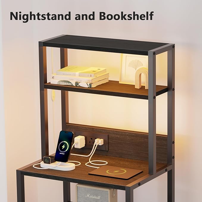 Furnulem Nightstands Set of 2, Tall Night Stand Set with Charger Station, 2 Fabric Drawers and Light Tube, Bedside End Table with 4-Tier Shelves, Bed Side Tables for Bedroom, Office, Black Oak