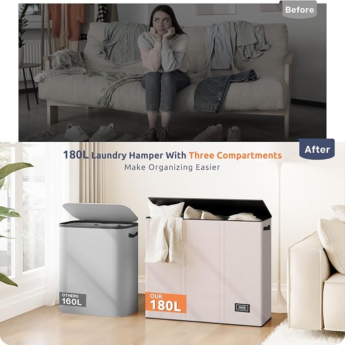 SOLEDI 180L 3-Section Laundry Hamper with Lid, Extra Large Dirty Clothes Basket with Sturdy Handles for Laundry Room & Bedroom - Durable Organizer for Sorting Laundry - Image 6