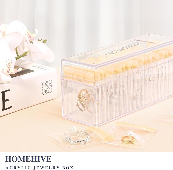 HOMEHIVE Acrylic Jewelry Box Organizer, Clear Jewelry Organizer Holder with 20 Portable Anti Tarnish Jewelry bags, Travel Jewelry Case for Earrings/Rings/Necklaces for Women Girls, Yellow - Image 2