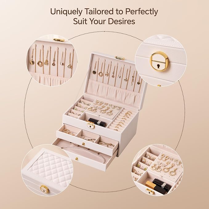 3 Layer Jewelry Box, Jewelry Holder Organizer with Jewelry Organizer Drawer, Large Jewelry Boxes & Organizer with Velvet Earring Organizer, Lockable Jewelry Holder, Unique Gifts for Women Mom (White) - Image 4