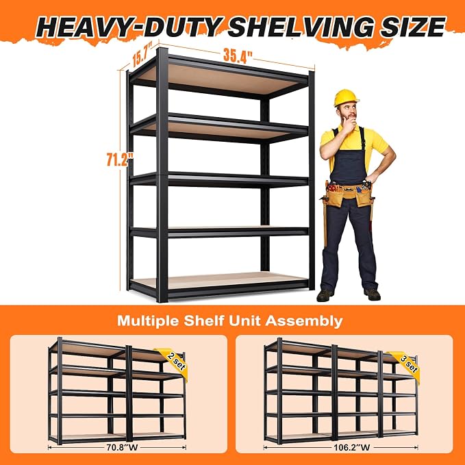 71''H 35.4''W Storage Shelves,2500LBS Garage Shelving ,Adjustable Garage Shelves ,Heavy Duty Metal Shelving, 5 Tier Wood Utility Steel Shelf, Shelving Units and Storage Rack fo Kitchen Pantry 2 Pack - Image 3