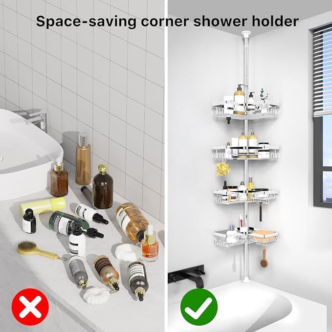 KEGII Corner Shower Caddy Tension Pole - Chrome 4-Tier Adjustable Shower Tension Rod Organizer with Hooks & Soap Holders, 25-114.2 Inch Stainless Steel Shower Storage Rack for Renters & Family - Image 8