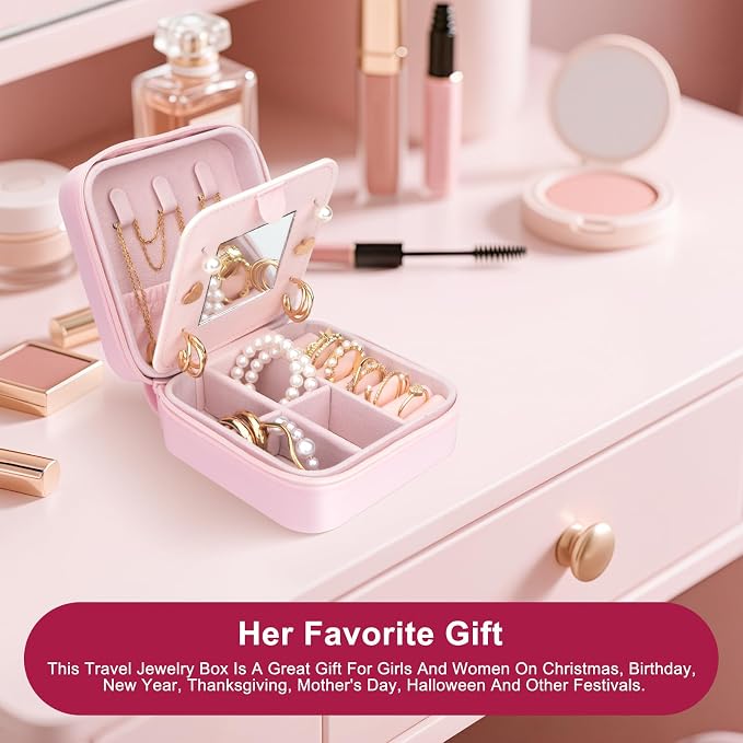 Cute Bunny Travel Jewelry Case with Mirror, Silicone Portable Mini Small Jewelry Box Organizer for Women Girls Mom, Wedding, Birthday Gift - Pink - Image 6