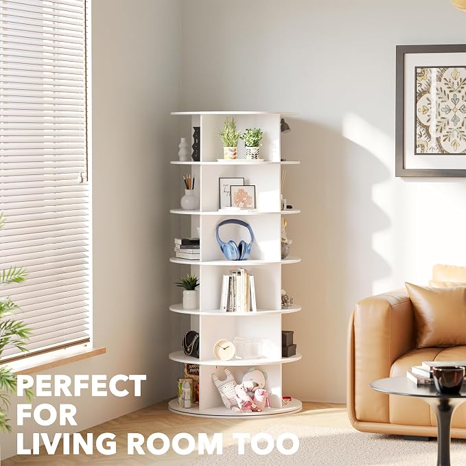 SpaceAid 6 Tier Rotating Shoe Rack Tower, Spinning Shoe Display Lazy Susan, Revolving 360 Shoe Rack Storage Round Carousel, Vertical Handbag Rotate Shoes Closet Organization (6-Tier White) - Image 6