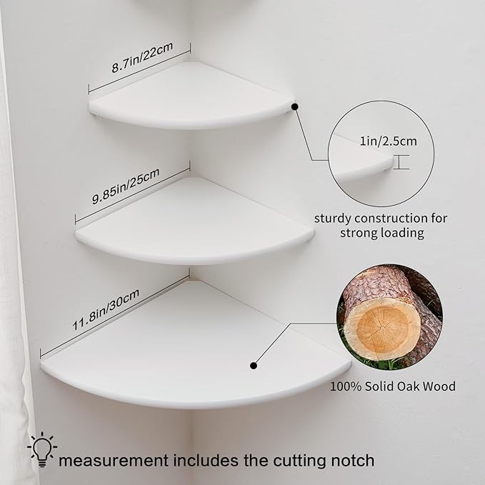 Corner Shelves, Floating Corner Shelf, Set of 3 Solid Oak Wood Corner Wall Shelves, Round End with Wire Hole Shelving for Small Plant for Bedroom Kitchen, Living Room (Size 9/10/12in) - Image 2