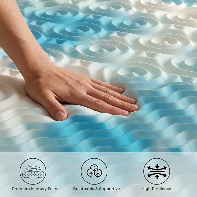DUMOS 2 Inch Memory Foam Mattress Topper Queen, 5-Zone Cooling Gel Infused Pressure Relief Bed Topper for Back & Hip Pain, Soft Dorm RV Camping Mattress Pad, Blue