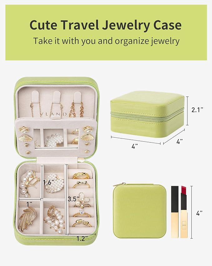 VLANDO Small Travel Jewelry Box Organizer - Girls Women Gift Rings Earrings Necklaces Jewelry Storage Display Case with Mirror Green - Image 4