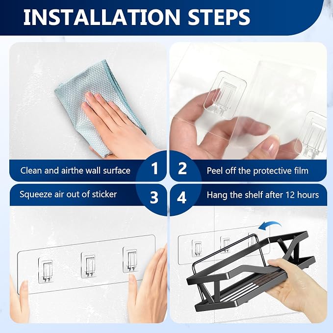 Shower Caddy Adhesive Replacement Hooks, Strong Waterproof Strips, No Drilling for Bathroom Shelves, Kitchen Racks, and Soap Holders (Transparent-4 Pack 3 Hook) - Image 6