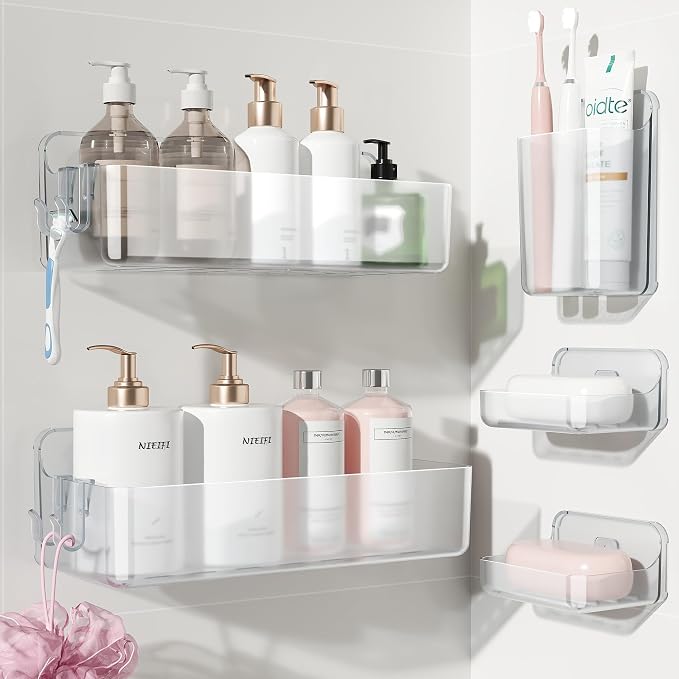 Nieifi Adhesive Wall Shelf, Shower Shelves 5 Pack with Soap Holder, Shower Organizer for Bathroom Organization, Clear by Nieifi