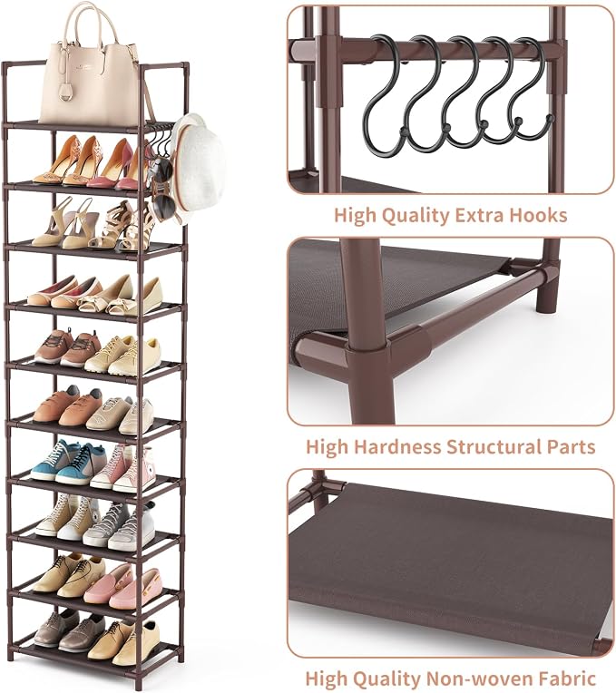 LANTEFUL 10 Tiers Tall Shoe Rack 20-25 Pairs Boots Organizer Storage Sturdy Narrow Shoe Shelf for Entryway, Closets with Hooks, Brown - Image 4