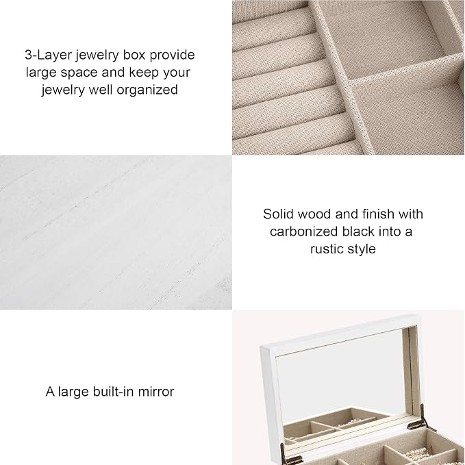 Meangood Jewelry Box Organizer for Women, 3 Layer Large Jewelry Storage Case, Rustic Wooden Jewelry Box with Mirror & Ring Tray for Necklace Earring Bracelets Rings, Vintage Style (White) - Image 5