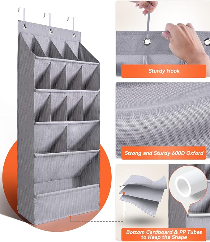 FENTEC 1 Pack Over-the-Door-Shoe-Organizers,Hanging Organizers with Large Pocket Shoe Holder Hanging Shoe Rack for Closet Shoe Organizer for Wall, Over Door Organizer with 15 Pockets Gray - Image 3