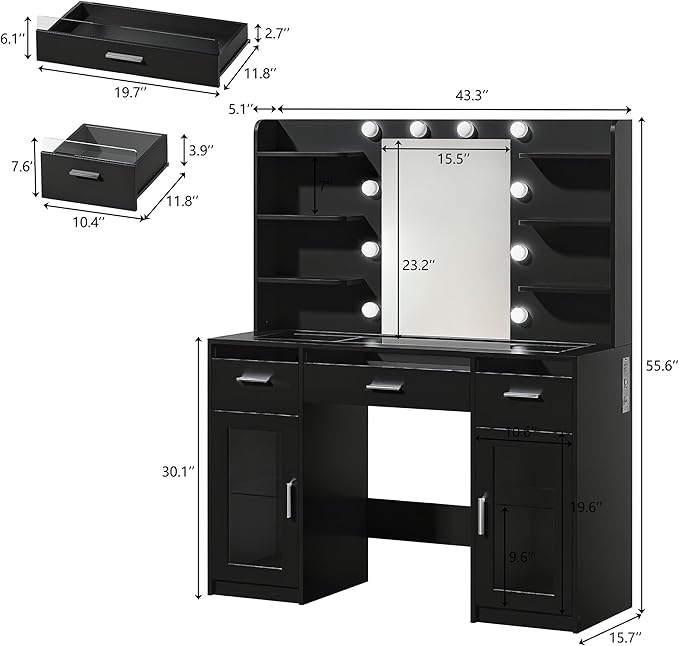 HUAHUU Vanity Desk, Makeup Vanity Desk with Mirror and Lights 3 Colors, Transparent Top with 3 RGB Drawers, 6 Shelves, 2 Large Tempered Cabinets, Power Outlet, for Bedroom, Black