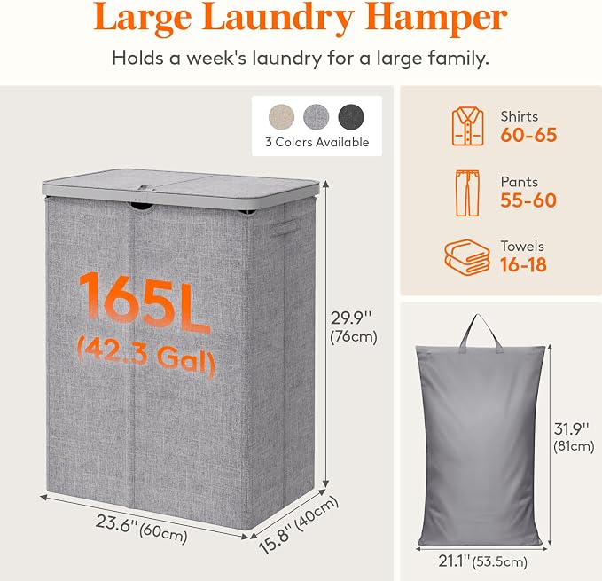 Lifewit 165L Large Laundry Basket with Lid, Laundry Hamper with Plastic Handles and Removable Bag, Foldable Tall Dirty Clothes Hampers for Laundry for Laundry Room, Bedroom, Bathroom, Dorm, Light Gray - Image 4
