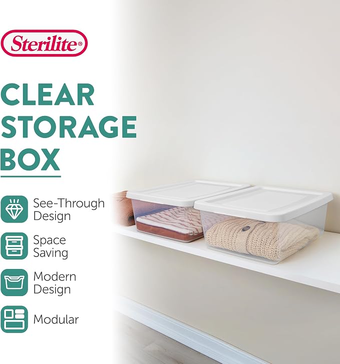Sterilite 30 Pack Storage Box, 12 Quart Stackable Tote, Clear Plastic Container with Secure Snapping Lids for Home and Office Organization, White - Image 2