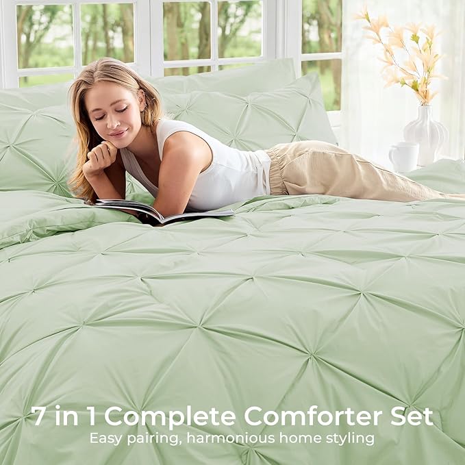 Sasttie Twin XL Comforter Set, 5-Piece Bed in a Bag, Pintuck Bedding Sets for All Season, Includes Comforter, Flat Sheet, Fitted Sheet, Pillowcase and Pillowsham, Mint