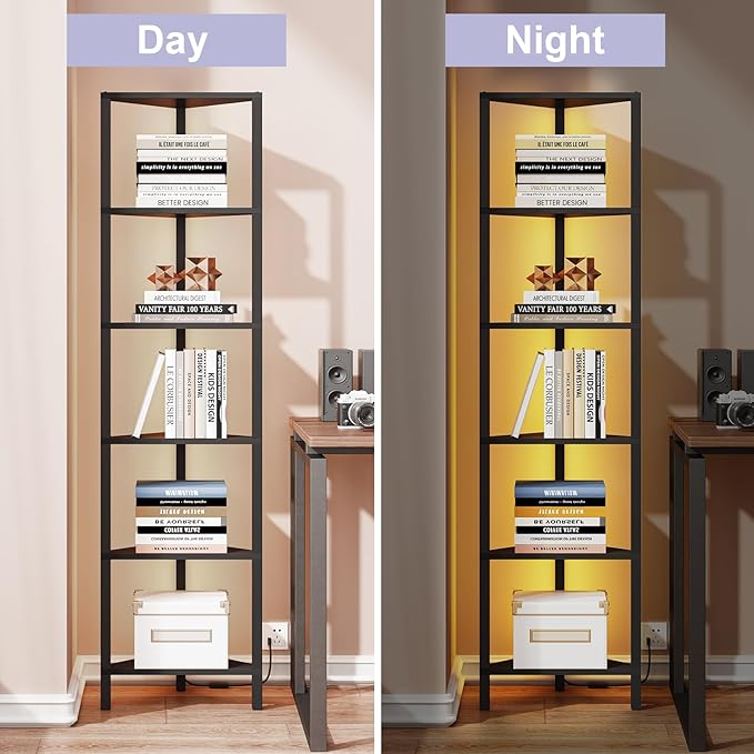 TUTOTAK Corner Shelf with LED Light, 6-Tier Corner Bookshelf for Small Space, Narrow Display Corner Shelf Stand with Storage Rack, for Living Room, Bedroom, Black BS05BK006L - Image 5