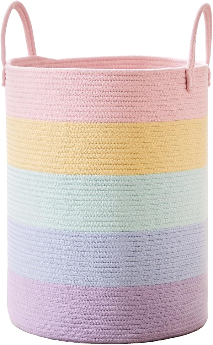 15Dx20H inches Large Baby Girls Kids Hamper Rainbow Laundry Basket for Nursery Clothes Pastel Unicorn Woven Hamper Tall Blanket Basket in Playroom Bedroom 62L by MOJOSCEND