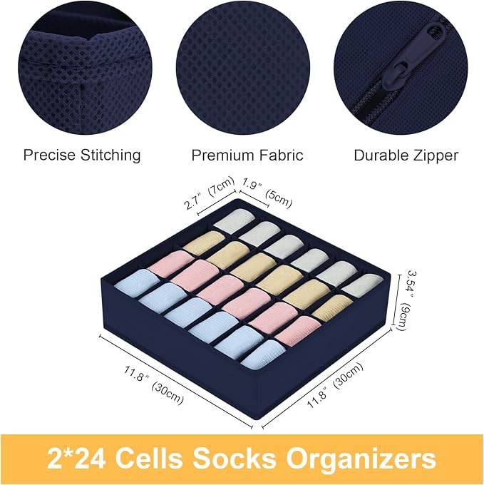 Joyoldelf Drawer Organizer - 2 Pack Underwear Holder, 24 Cells Collapsible Closet Organizer and Storage for Belts, Ties (Navy Blue) - Image 2