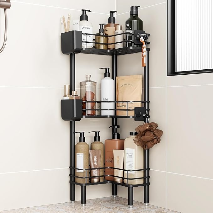 Orimade Rustproof 3 Tier Floor Standing Corner Shower Caddy Organizer with Toothbrush Holder, Large Spacing Floor Shower Shelf Rack Storage Stands with Hooks for Bathroom Kitchen, Black by Orimade