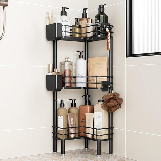 Orimade Rustproof 3 Tier Floor Standing Corner Shower Caddy Organizer with Toothbrush Holder, Large Spacing Floor Shower Shelf Rack Storage Stands with Hooks for Bathroom Kitchen, Black by Orimade