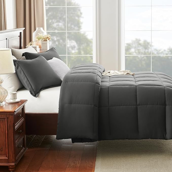 CozyLux Full Size Comforter Sets - Dark Grey Comforter Full Size, 3 Pieces Box Stitched Bed Set for All Seasons, Soft Lightweight Bedding Sets with 1 Down Alternative Comforter and 2 Pillow Shams