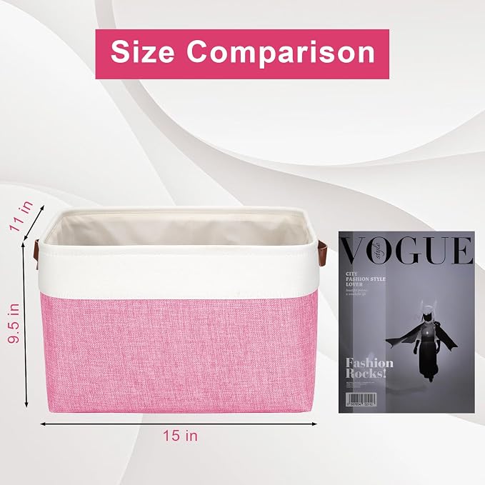 Bagnizer Storage Bins Large Fabric Storage Baskets for Shelves 3 Pack, Decorative Linen Closet Baskets with Handles for Organizing, Shelf, Clothes, Home, Office, 15x11x9.5Inches (Pink&White) - Image 3