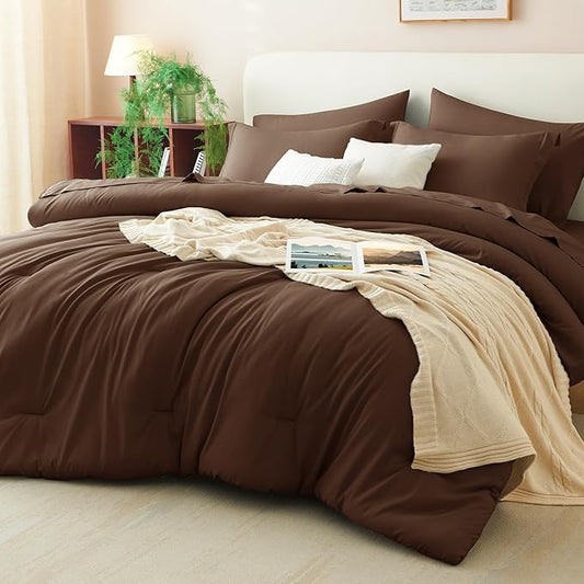 CozyLux Queen Comforter Set Brown, 7 Pieces Bed in a Bag Queen Comforter Set with Sheets, Luxury Soft Bedding Sets with Down Alternative Comforter, Fitted Sheet, Flat Sheet, Pillowcases & Shams