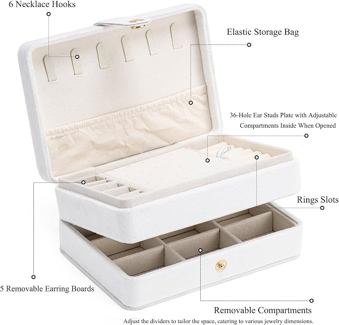 MODENGKONGJIAN Jewelry Organizer Box, 2-Layer Large Jewelry Storage Case, Portable Travel Jewelrys Display Holder for Earrings, Necklaces, Bracelets (White,Velvet) - Image 3