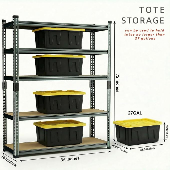 Garage Shelving Heavy Duty, 2450LBS Metal Storage Shelves 5 Tier, Adjustable Shelving Unit 36" W x 16" D x 72" H, Boltless Garage Storage Rack for Garage Basement, Pantry, Warehouse 1Pcs - Image 3