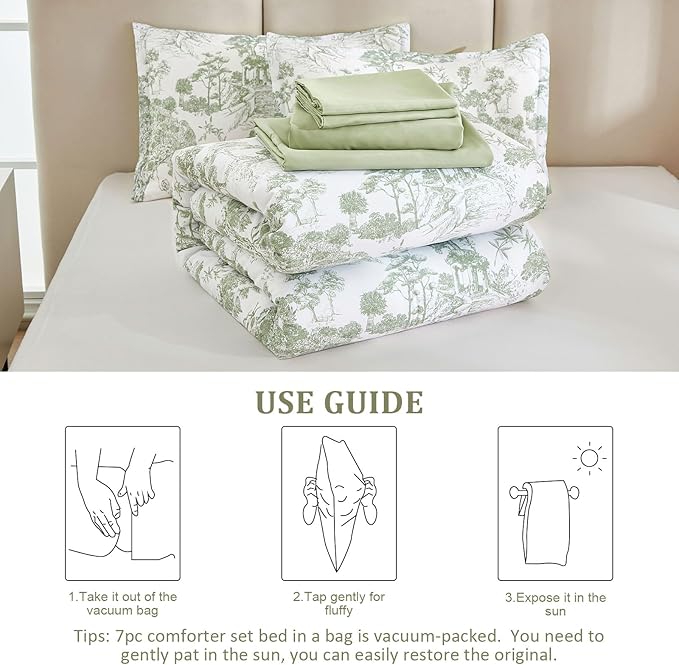 DJY Sage Green Comforter Set King, 7 Pieces Bed in a Bag King Size Botanical Comforters with Sheets Elegant Plants Print Soft Microfiber Reversible Complete Bedding Sets for All Season