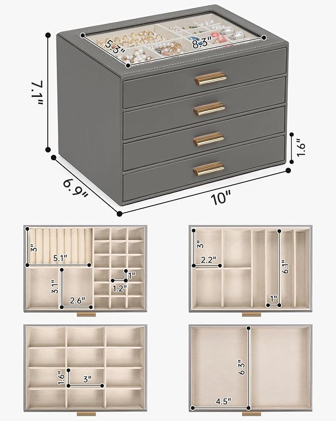 AKOZLIN Jewelry Box with Clear Lid Functional Leather Jewelry Storage Organizer Case 4 Drawers for Women Girls Necklace Ring Bracelet Earring DarkGrey - Image 3