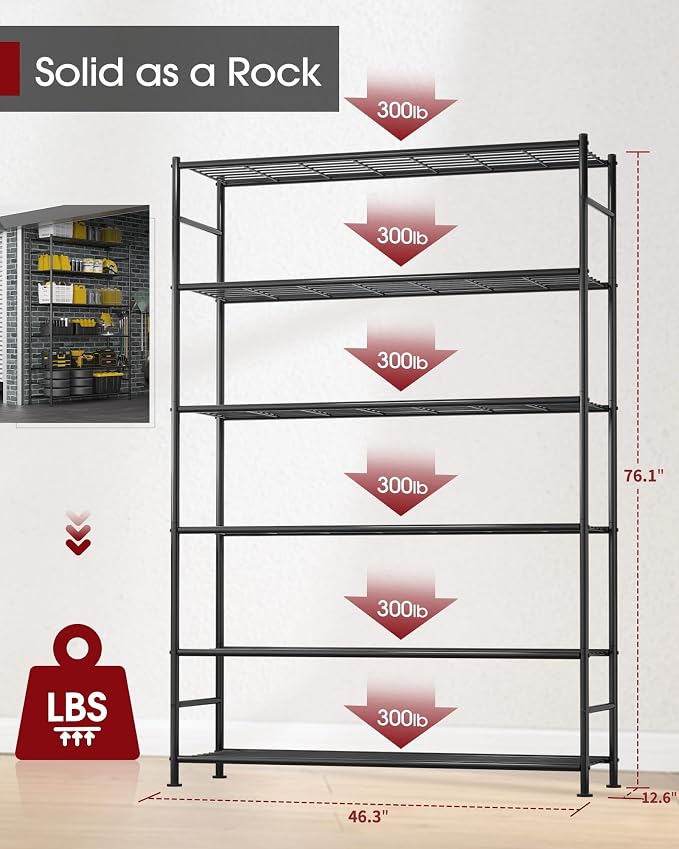 Sakugi Storage Shelves - 6 Tier Shelf Organizer, Heavy Duty Garage Shelving Unit with Leveling Feet, Stable Metal Shelves Organizer for Pantry, Kitchen and Closet, 46.3" W x 12.6" D x 76.1" H, Black - Image 2
