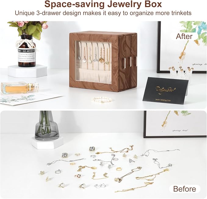 DesignSter Jewelry Box Organizer, Jewelry Box for Women, PU Jewelry Organizer Display Case with Side Drawers, Jewelry Storage for Earring Necklace Ring Bracelet Watch - Image 5