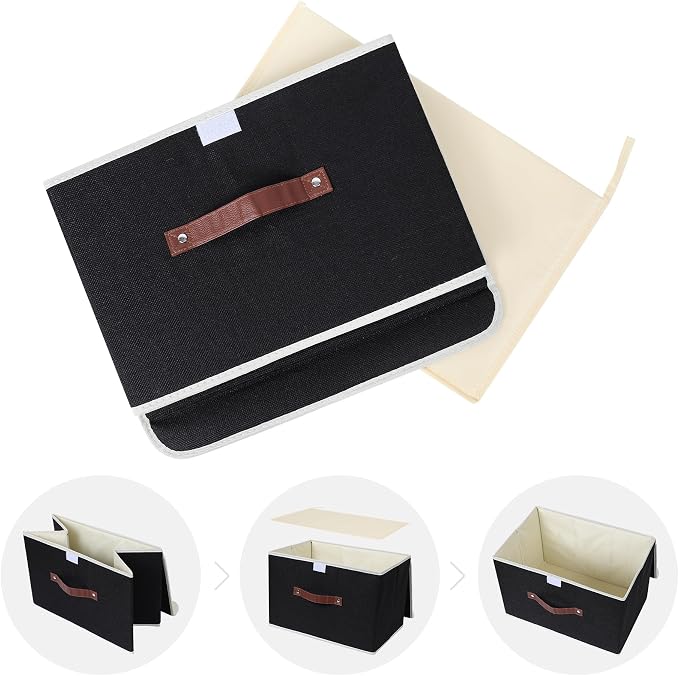 ANMINY 4PCS Storage Bins with Lid PU Leather Handles Storage Boxes PP Plastic Board Decorative Foldable Lidded Cotton Linen Fabric Home Cubes Baskets Closet Organizer Containers - Black, Large Size - Image 6