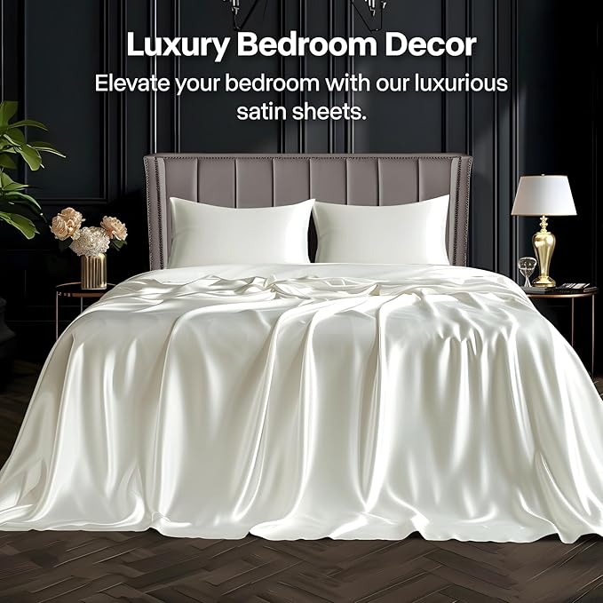 BEDELITE Satin Sheets Full Size Bed Set, Luxury Soft Ivory White Silky Sheet for Hair and Skin, Similar to Silk Bed Sheets Set 4 Pieces with 1 Deep Pocket Fitted Sheet, 1 Flat Sheet, and 2 Pillowcases