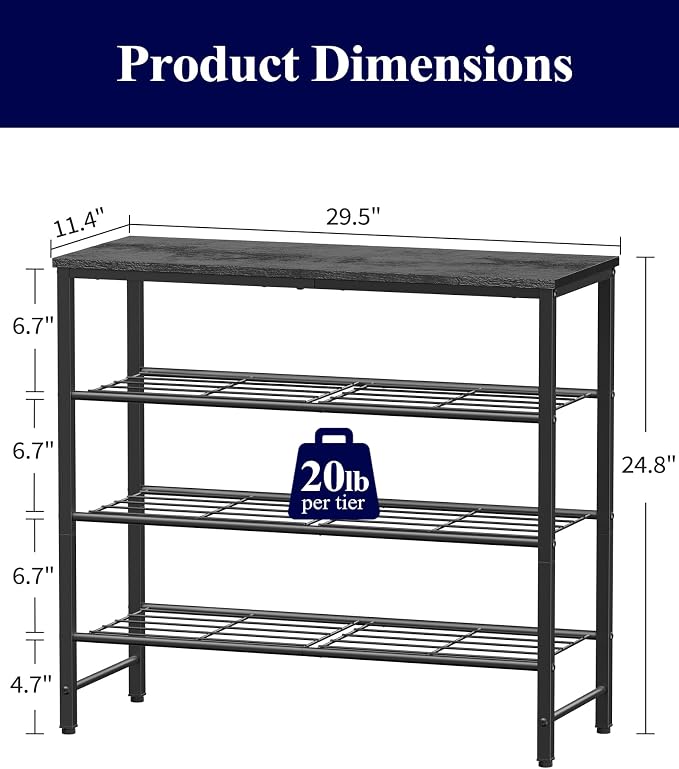 Kitsure Shoe Rack for Closet, Shoe Organizer with Leveling Feet, Sturdy & Rust-Proof Shoe Storage for Entryway, Bedroom, Living Room, 29.5" x 11.4" x 24.8", Black - Image 2