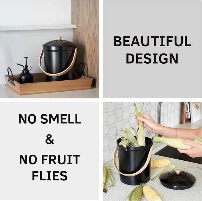 Beautiful Kitchen Compost Bin with Smell Proof Lid - Rust Proof and Odorless Compost Bucket for Your Countertop with No Smell Filters - Easy to Clean 1.1 Gallon Bin Looks Great On Any Kitchen Counter - Image 3