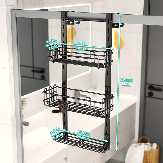 HapiRm 3 Tier Over the Door Shower Caddy, Hanging Shower Caddy with 16 Hooks and 2 Soap Holders, No Drilling Adjustable Hanging Bathroom Organizer - Black - Image 6