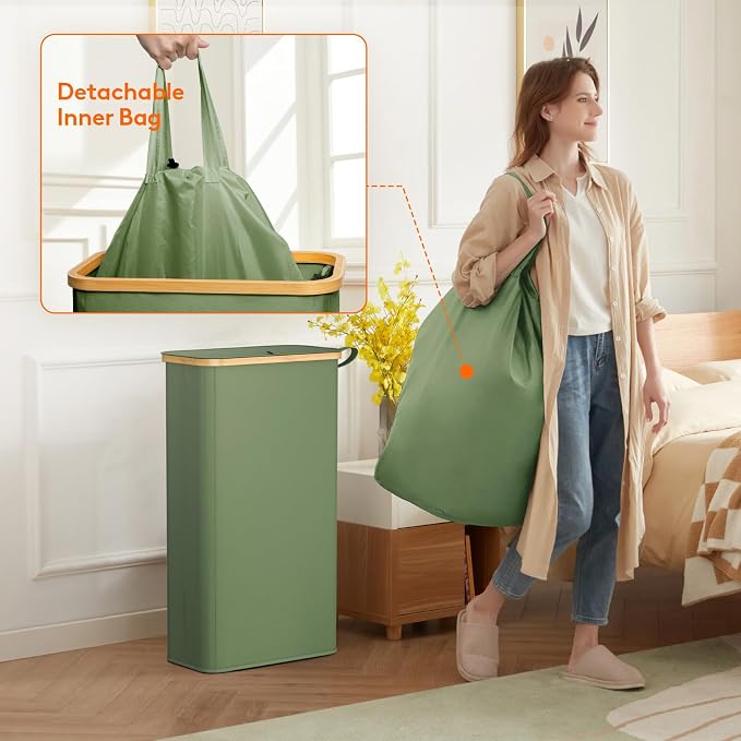 Lifewit 65L Slim Laundry Hamper with Lid, Narrow Laundry Basket with Removable Bag & Bamboo Handles, Fodable Thin Dirty Clothes Hamper for Laundry Collapsible Bin for Bathroom Bedroom Dorm, Green - Image 4