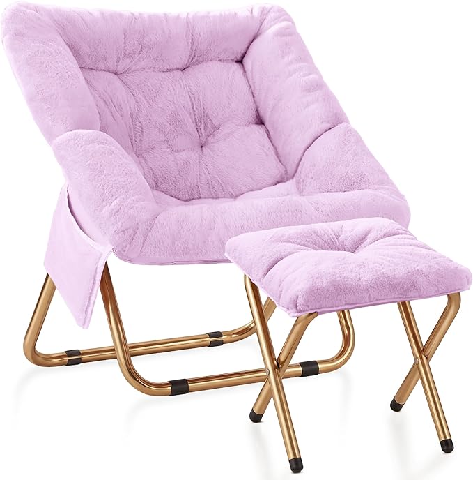 Kasunpul Comfy Saucer Chair, Foldable Living Room Chairs, Soft Faux Fur Lounge Chair for Bedroom, Reading Chairs for Adults, Teens, X-Large (Lavender)