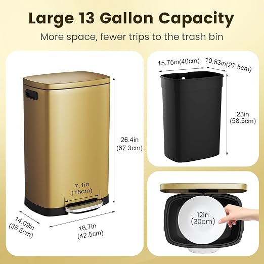 ELPHECO Kitchen Trash Can with Lid Soft Close, 13 Gallon / 50L Stainless Steel Pedal Garbage Can, Heavy-Duty Step Wastebasket with 20 Bags, Removable Bucket, Home Office, Kitchen, Titanium Gold - Image 3